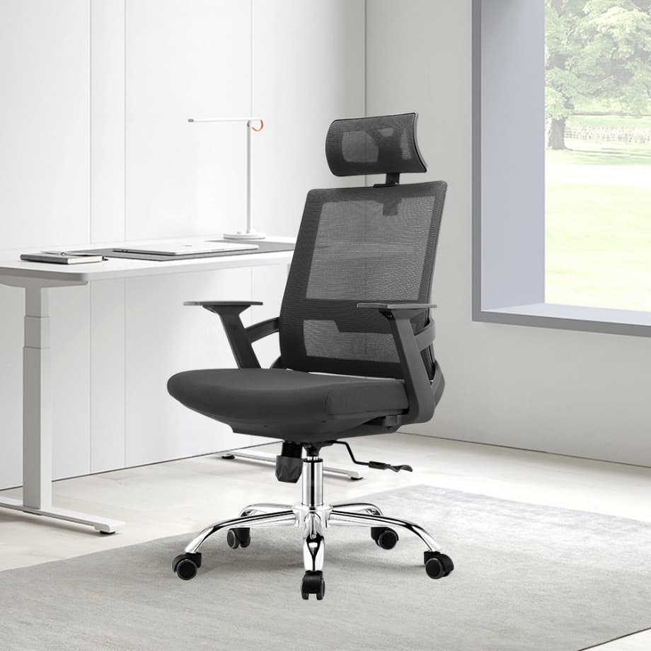 เก้าอี้ตาข่าย มีหมอน ผ้าตาข่ายสีดำ ขาโครเมี่ยม